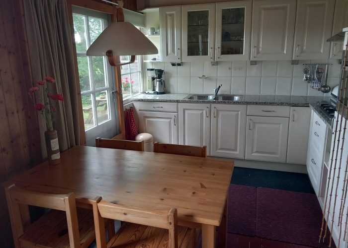 Keuken in het boshuis met uitzicht op de natuur, een praktische en gezellige ruimte.